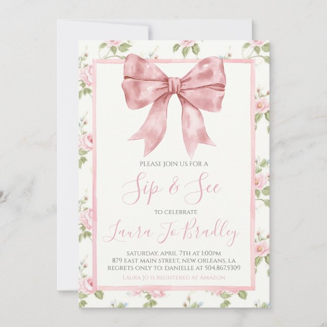 Invitación Chica De Bow Rosado Preppy Southern Sip & See (Anverso)