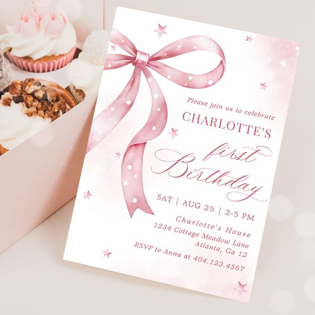 Invitación Chica de Bow Rosado Primer Fiesta de Cumpleaños (Subido por el creador)