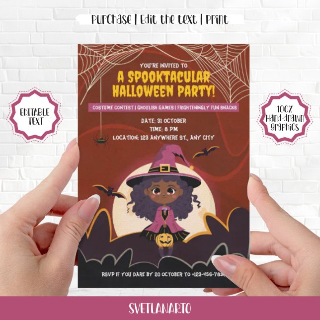 Invitación Chica de bruja de Halloween negro (Cute Little Black African American Witch Halloween Invitation)