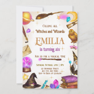 Invitación Chica de brujas y asistentes Fiesta mágico de cump