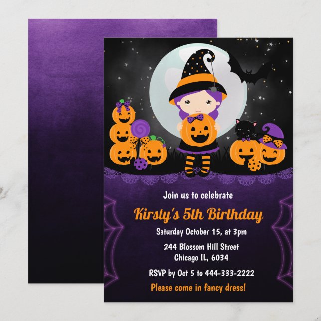 Invitación Chica de brujas y calabazas niños Fiesta de cumple (Anverso / Reverso)
