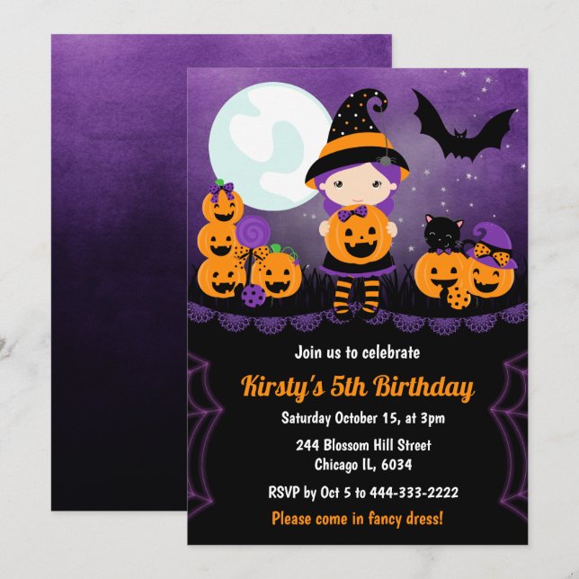Invitación Chica de brujas y calabazas niños Fiesta de cumple (Anverso / Reverso)