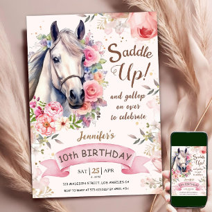 Invitación Chica de caballos 10 años Flores rosadas alzan la 