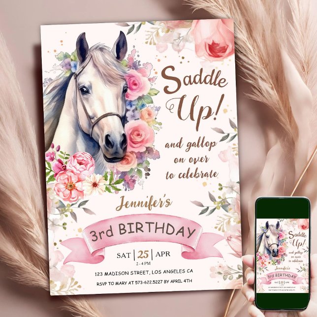 Invitación Chica de Caballos 3er cumpleaños Flores rosadas en (Subido por el creador)