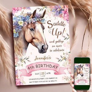 Invitación Chica de caballos 4º cumpleaños Flores rosadas mon