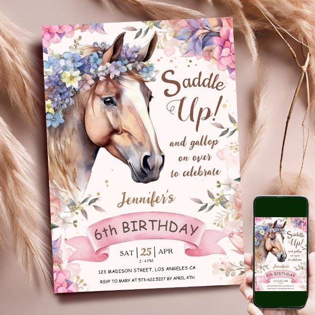 Invitación Chica de caballos 6 cumpleaños Flores rosadas alza (Subido por el creador)