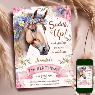 Invitación Chica de caballos 7 cumpleaños Flores rosadas alza