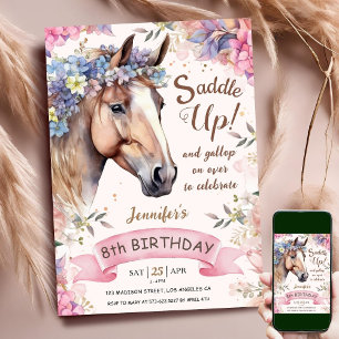 Invitación Chica de Caballos 8 cumpleaños Flores rosas montad