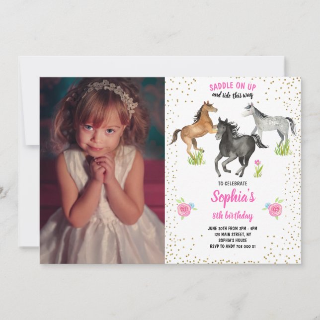 Invitación Chica de caballos invita a floral rosa con foto (Anverso)
