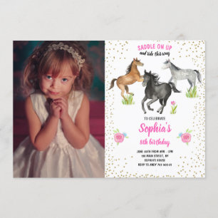 Invitación Chica de caballos invita a floral rosa con foto