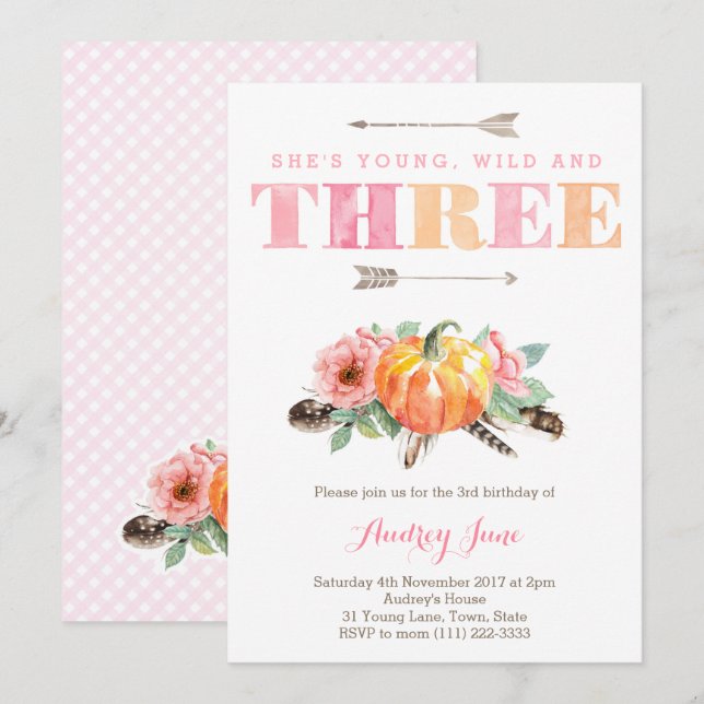 Invitación Chica de Caída Bohemita Tercer Fiesta de Cumpleaño (Anverso / Reverso)