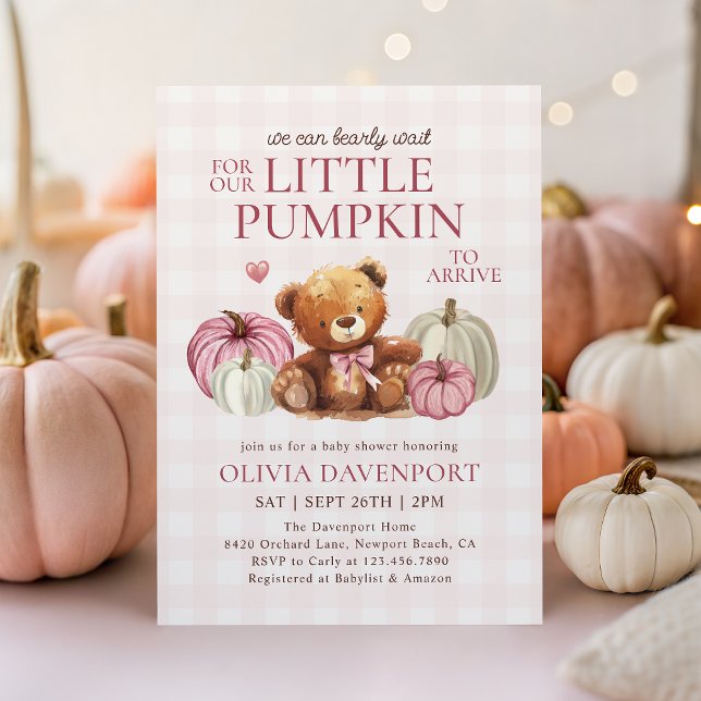 Invitación Chica de Caída de Pequeño Calabaza Rosa Gingham Ba (Subido por el creador)