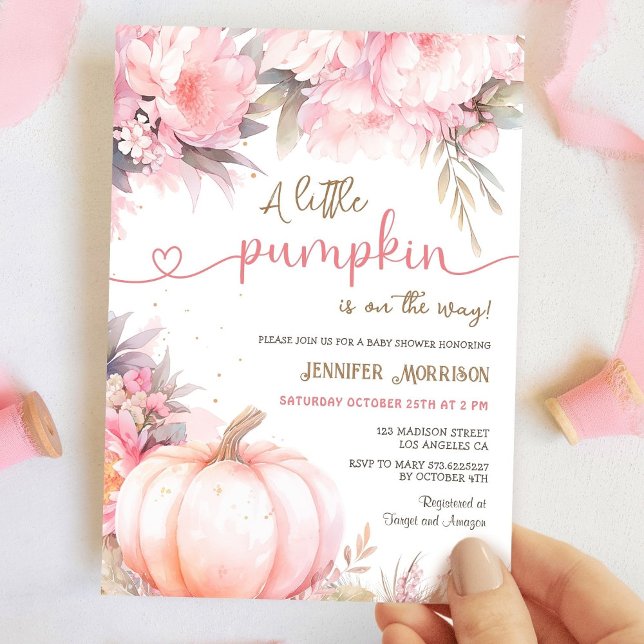 Invitación Chica de calabaza Baby Shower otoño con flores ros (Subido por el creador)