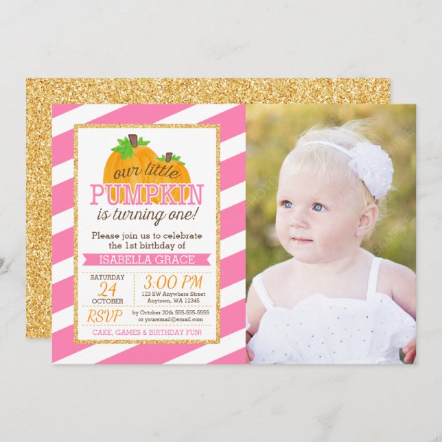 Invitación Chica de calabaza de oro rosado foto de primer cum (Anverso / Reverso)