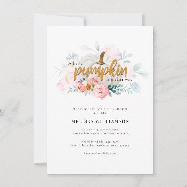 Invitación Chica de calabaza floral rosa pequeño Baby Shower (Anverso)