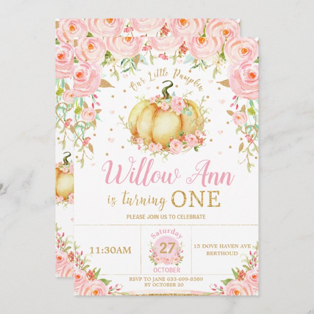 Invitación Chica de calabaza floral rosa primer cumpleaños (Anverso / Reverso)