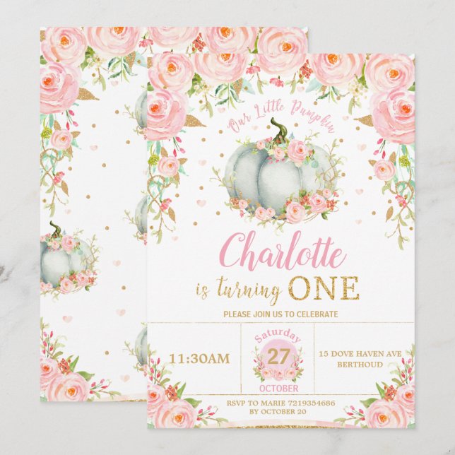 Invitación Chica de calabaza floral rosa primer cumpleaños (Anverso / Reverso)