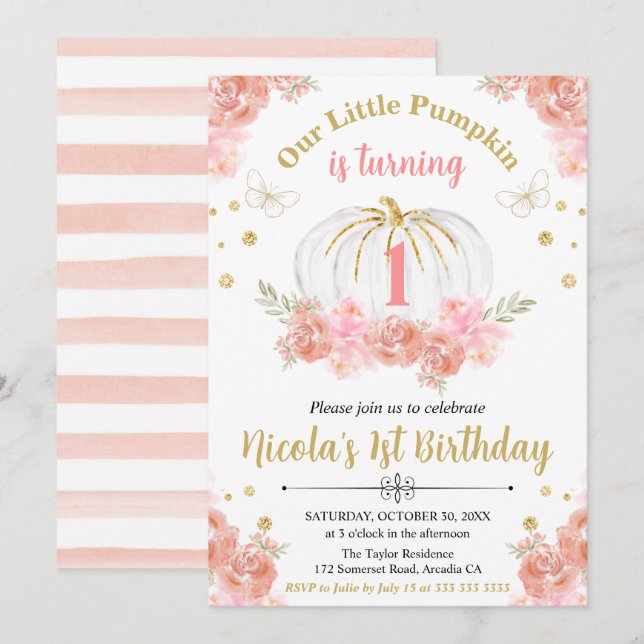 Invitación Chica de calabaza floral rosa y dorada Primer cump (Anverso / Reverso)