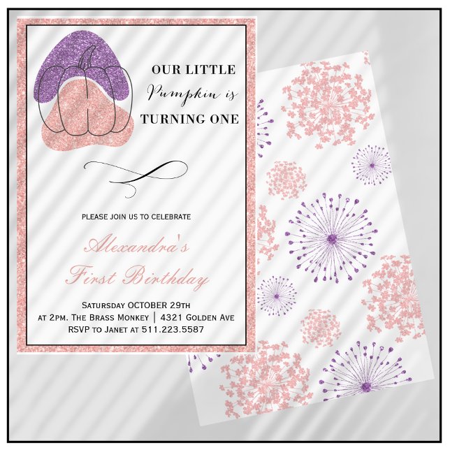 Invitación Chica de calabaza Pink Purple Halloween 1er cumple (Halloween-1st-Birthday-Invitation-Pumpkin-Girl-Pink-Purple-1)