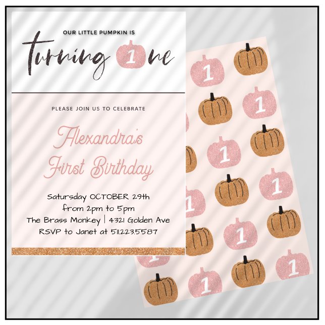 Invitación Chica de calabaza Purpurina rosado Halloween 1º cu (Halloween-1st-birthday-Invitation-Pumpkin-Girl-Pink-gold-Glitter-1)