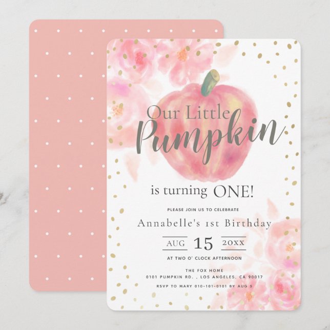 Invitación Chica de calabaza rosa y acuarela floral primer cu (Anverso / Reverso)