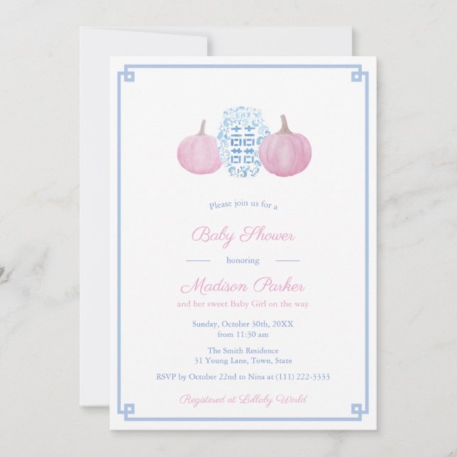 Invitación Chica de calabaza rosa y azul preppy Fiesta Baby S (Anverso)