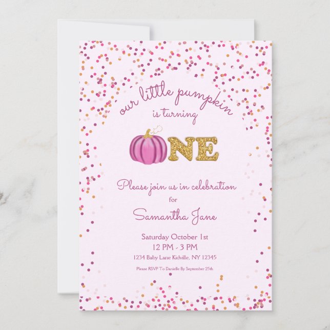 Invitación Chica de calabaza rosa y oro Primer cumpleaños Con (Anverso)