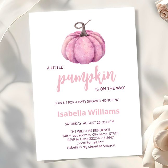 Invitación Chica de calabaza rosada Baby Shower (Little pumpkin minimalistic autumn fall pink girl baby shower invitation )