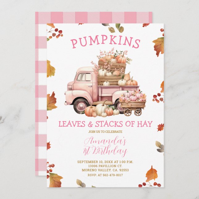 Invitación Chica de Camión de Calabaza Rosa Caída Primer cump (Anverso / Reverso)