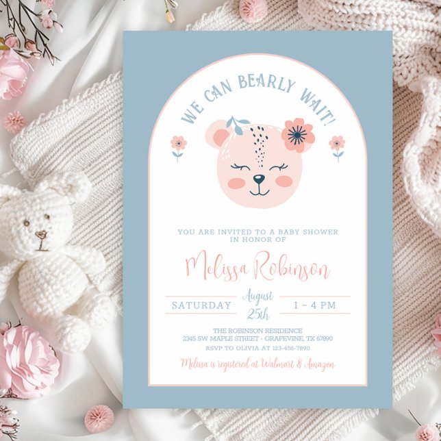Invitación Chica de cara de oso azul rosado Bearly Wait Baby  (You can change the blue background and the white backside background color to whatever you prefer.)
