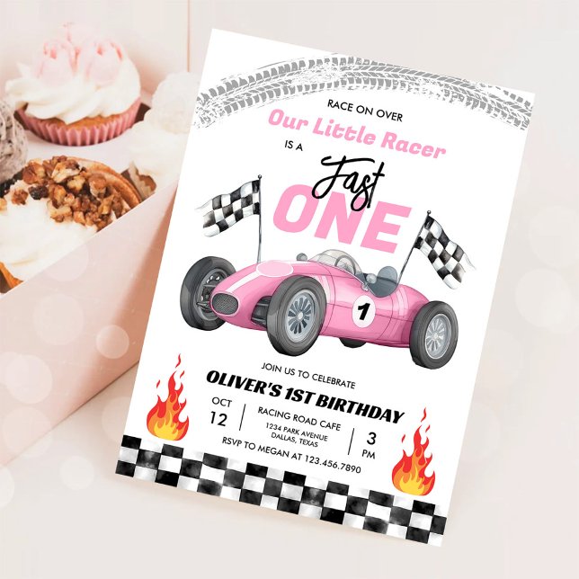 Invitación Chica de Carreras de cumpleaños de Fast One Pink R (Subido por el creador)
