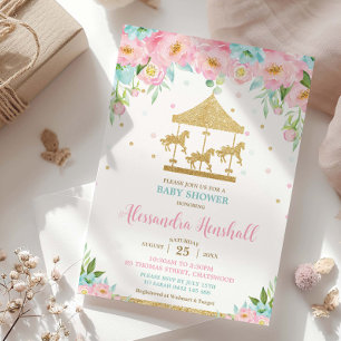 Invitación Chica de carrusel de tinta plana Baby Shower