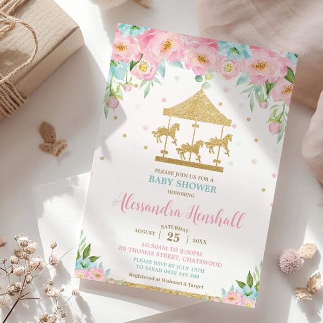 Invitación Chica de carrusel de tinta plana Baby Shower (Subido por el creador)