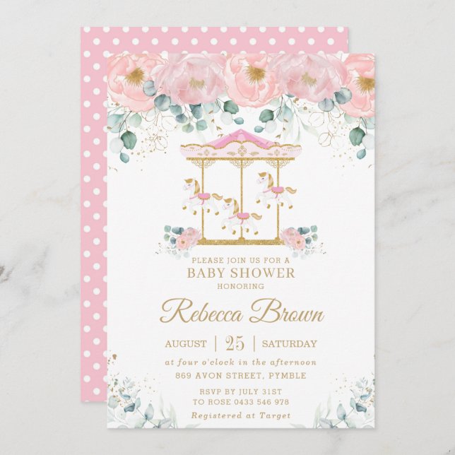 Invitación Chica de carrusel rosa brillante Baby Shower (Anverso / Reverso)