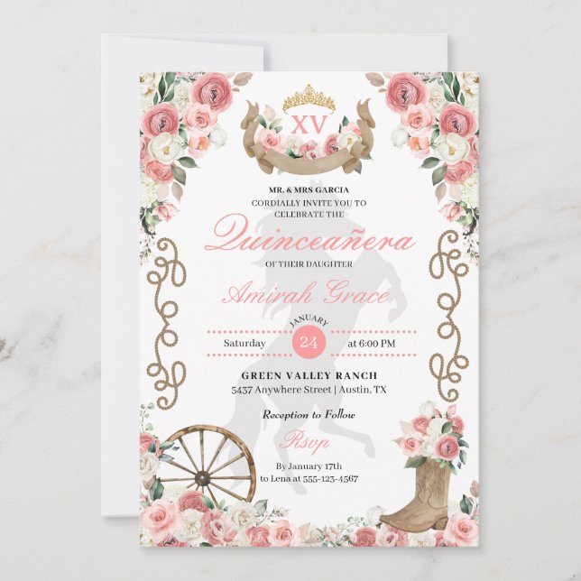 Invitación Chica de Charro Occidental Rosa Quinceañera (Anverso)