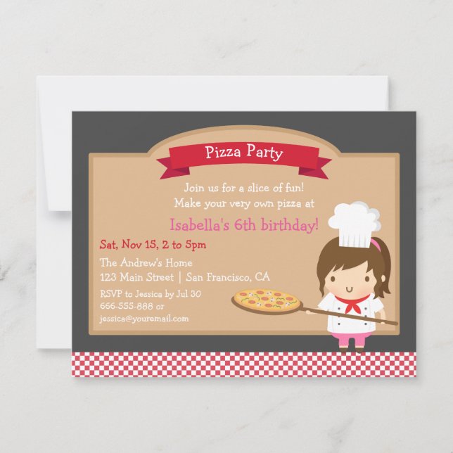 Invitación Chica de Chef de Cute Pizza Personalizado del Part (Anverso)