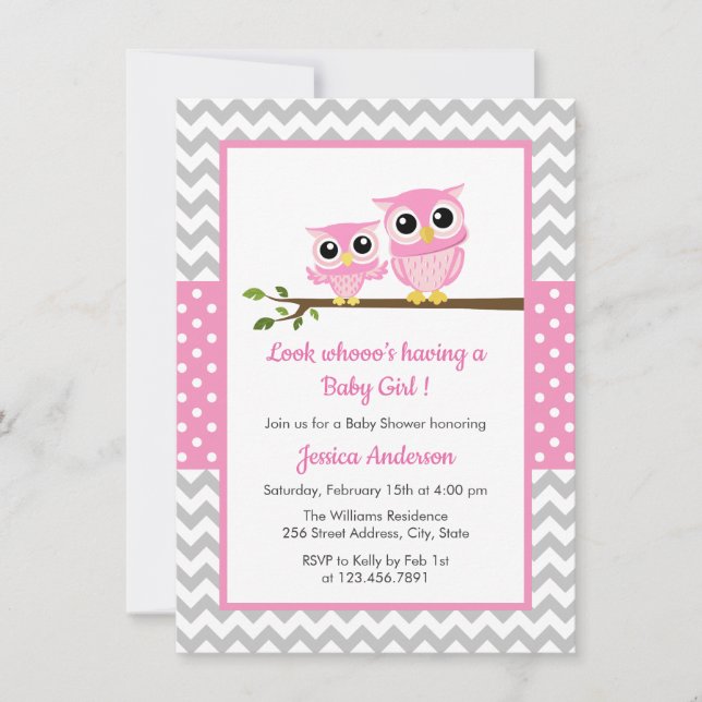 Invitación Chica de Chevron Gris de Lechuza Rosa Cuta Baby Sh (Anverso)