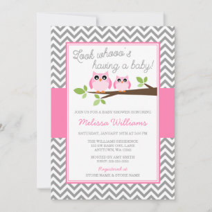 Invitación Chica de Chevron Gris Lechuza Rosada Baby Shower