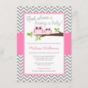 Invitación Chica de Chevron Gris Lechuza Rosada Baby Shower