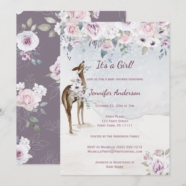 Invitación Chica de ciervos Violet Floral Rosa Baby Shower (Anverso / Reverso)