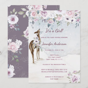 Invitación Chica de ciervos Violet Floral Rosa Baby Shower