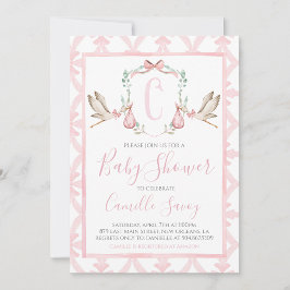 Invitación Chica de cigüeña rosa Baby Shower Preppy Southern