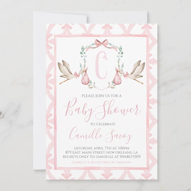 Invitación Chica de cigüeña rosa Baby Shower Preppy Southern (Subido por el creador)