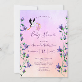 Invitación Chica de cigüeñas ducha de bebé con flores violeta