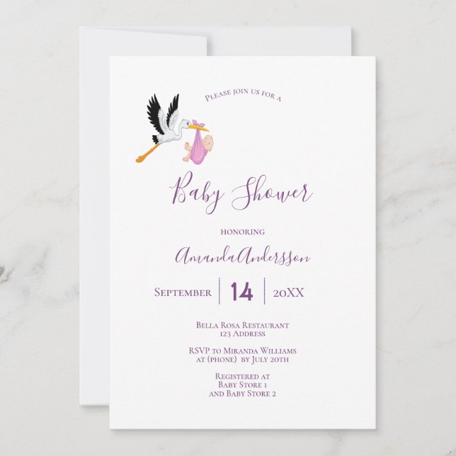 Invitación Chica de cigüeñas morado rosa blanco lindo ducha b (Anverso)