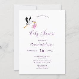 Invitación Chica de cigüeñas morado rosa blanco lindo ducha b