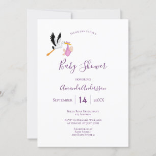 Invitación Chica de cigüeñas morado rosa blanco lindo ducha b