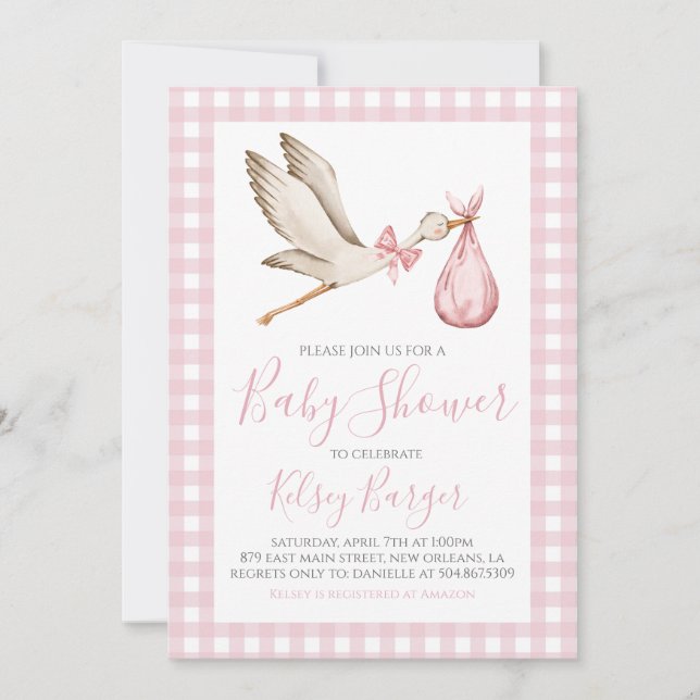 Invitación Chica de cigüeñas rosadas Preppy Southern Baby Sho (Anverso)