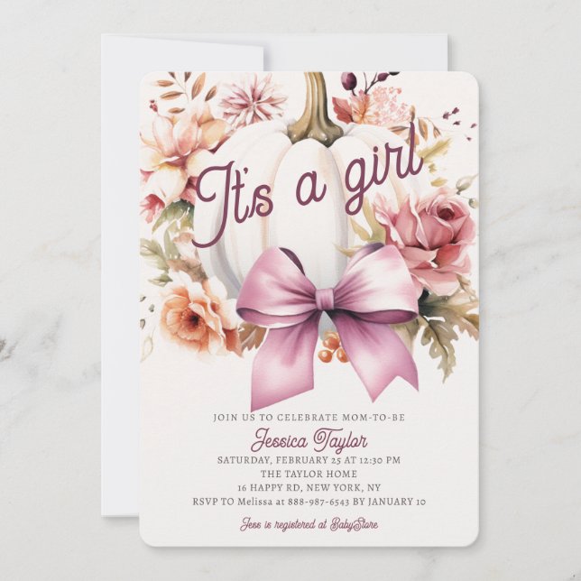Invitación Chica de cinta rosa blanca de calabaza caída Baby  (Anverso)