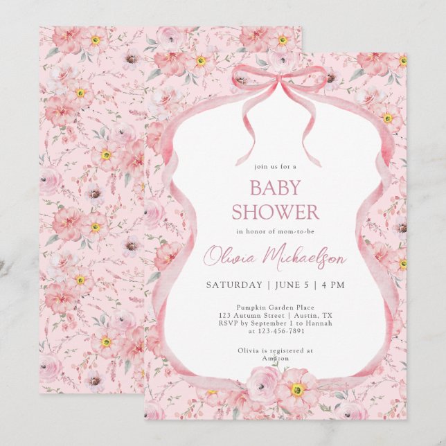 Invitación Chica de cinta rosada Floral Bow Coquette Pink Rib (Anverso / Reverso)